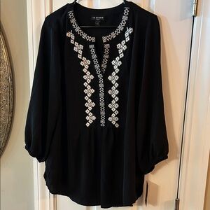 I.N. Studio Black Blouse with White Embroidery